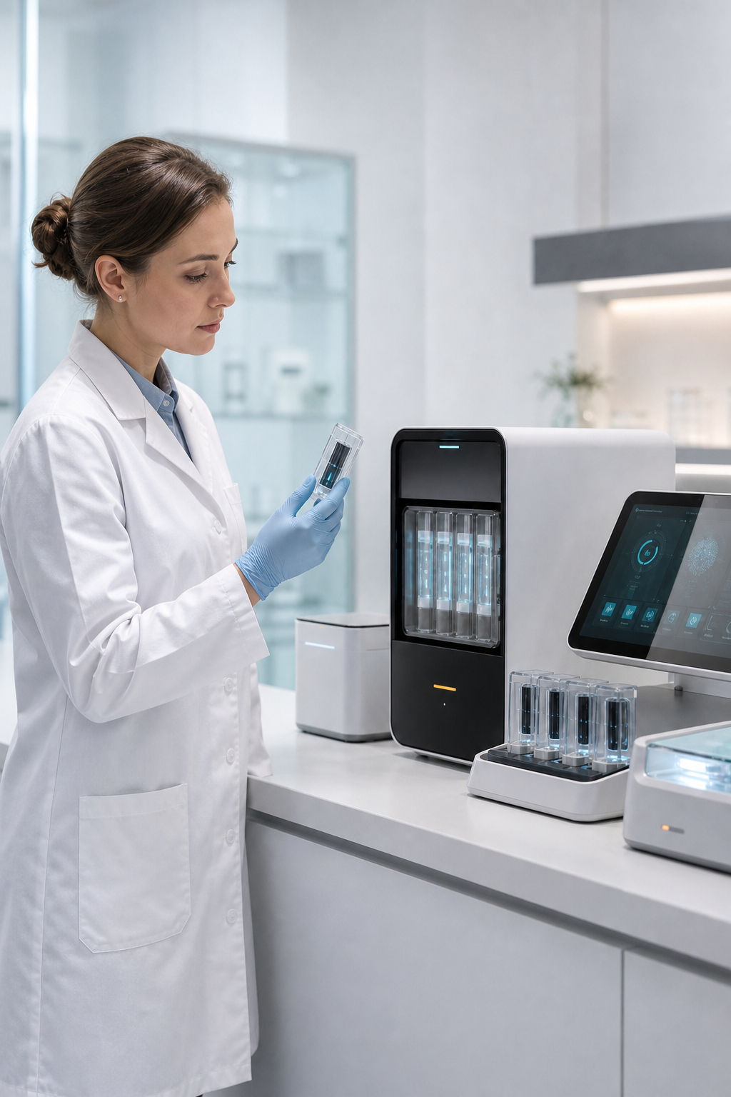 Lab specialist using a compact genomic sequencing workstation