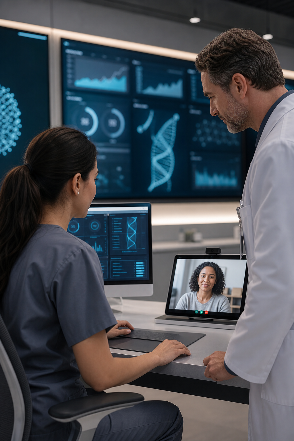 Care team reviewing genomic monitoring dashboards with a patient on video call